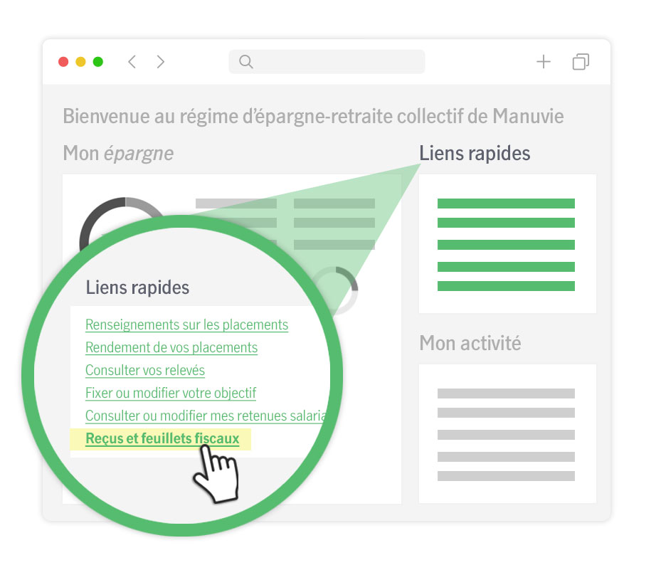 Gros plan des liens rapides sur le site des membres