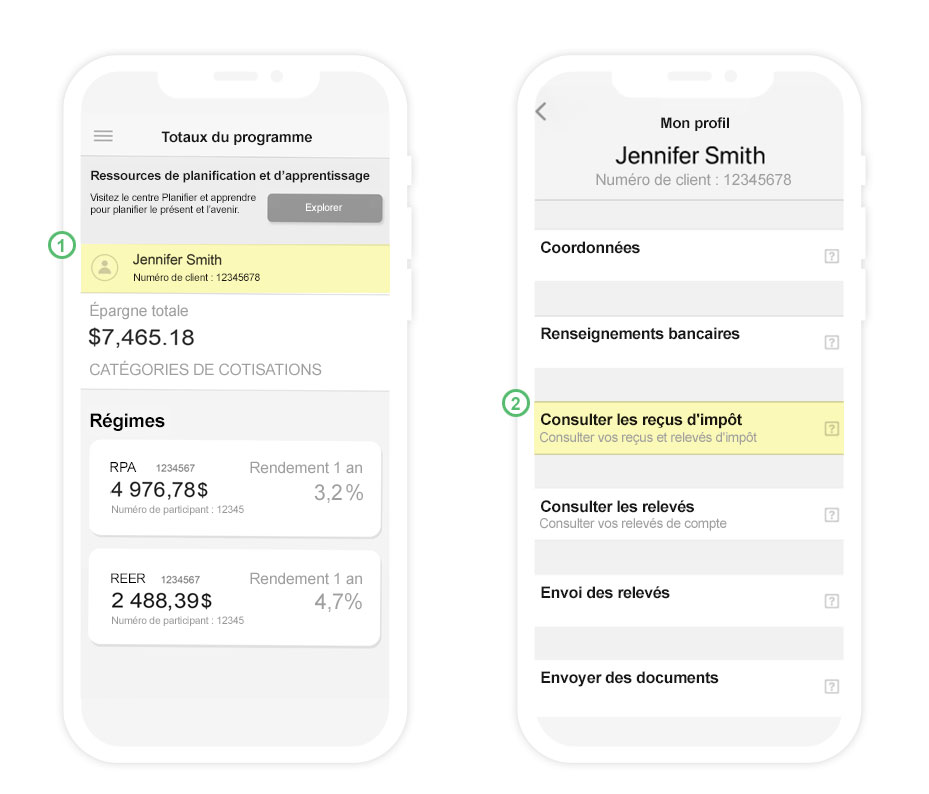 Emplacement de la consultation des reçus fiscaux sur l'application mobile Manuvie