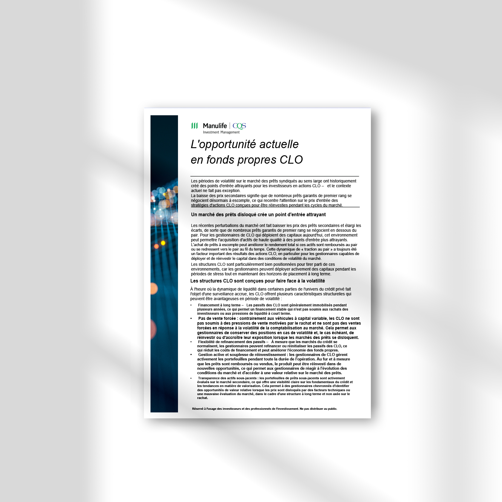 Square corporate brochure layout with business photography, line drawings, and resume-style content for leaflet and webpage.