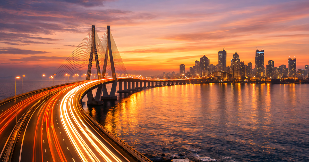 A precise line-art cityscape depicts a metropolis expressway at afterglow, highlighting infrastructure and graphic design.