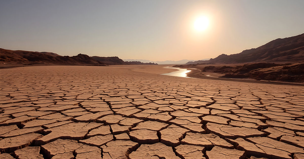 Desert and beach landscape with dry sand, calm sea, and a vibrant sunset under a clear sky.