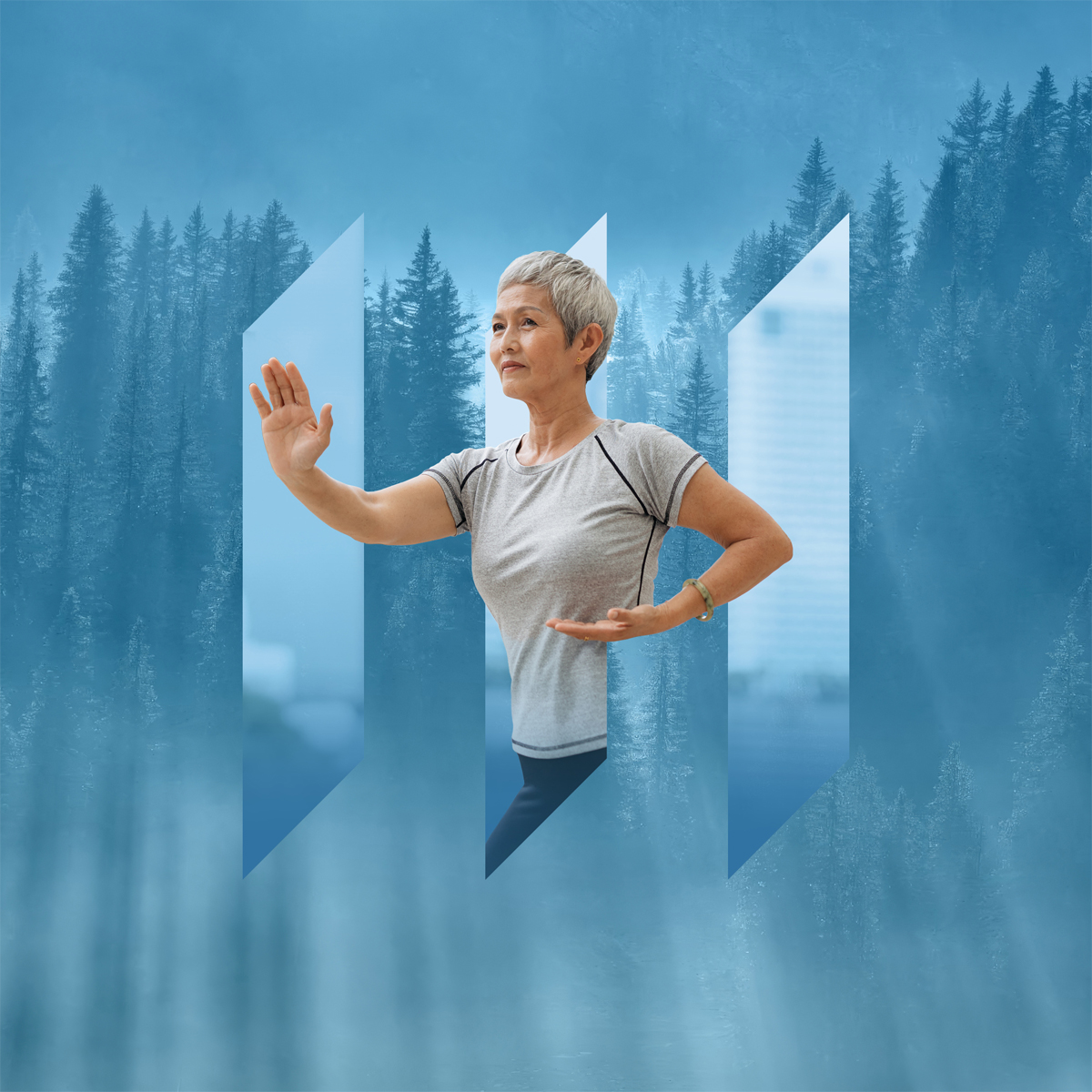 A woman with grey hair stretches her arms gracefully outdoors, framed by a layered geometric graphic in blue and teal tones, evoking vitality and active living.