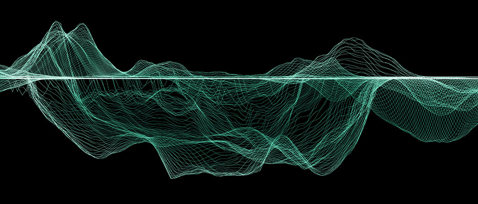 An abstract design of fractal art, showcasing a fusion of green and blue light against a black background, resembling smoke.