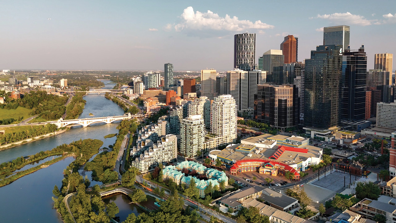 Rendered cityscape showing a metropolitan downtown and uptown borough skyline, depicting an urban landscape for planning.
