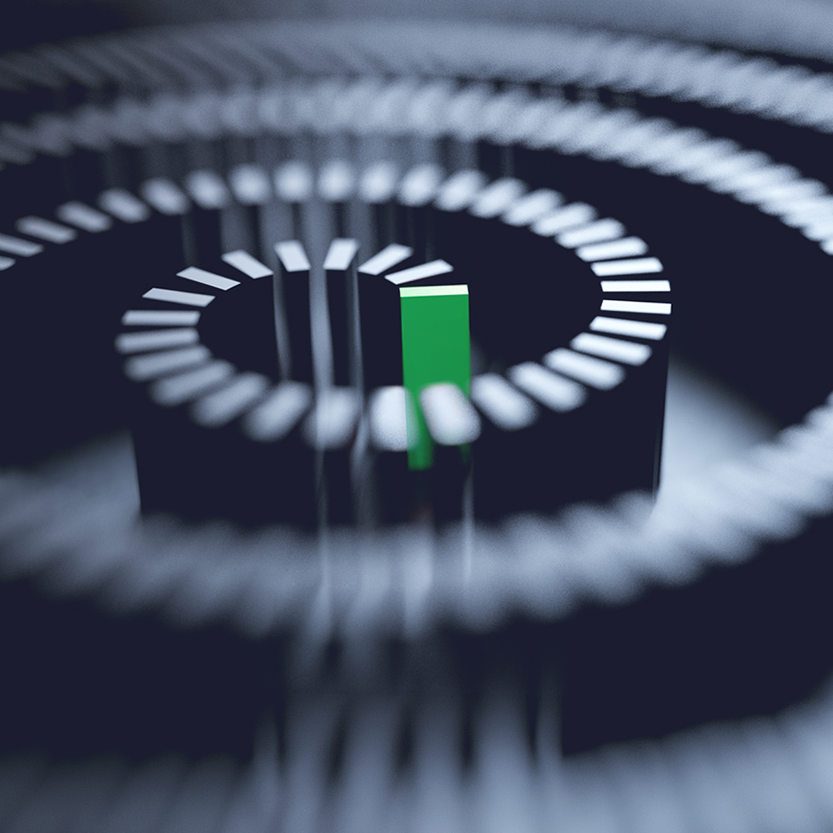 Abstract technical diagram showing a rotor, square semiconductor chip, spiral regulator paths forming a labyrinth-like maze.