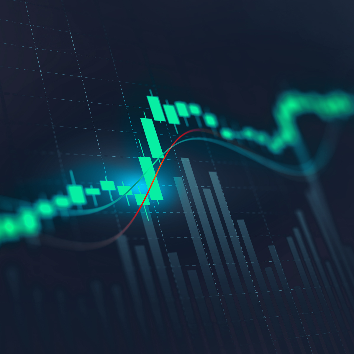 Graphic design diagram with tapering squares and equalizer bars, showing stock trade, commerce, and business photography.
