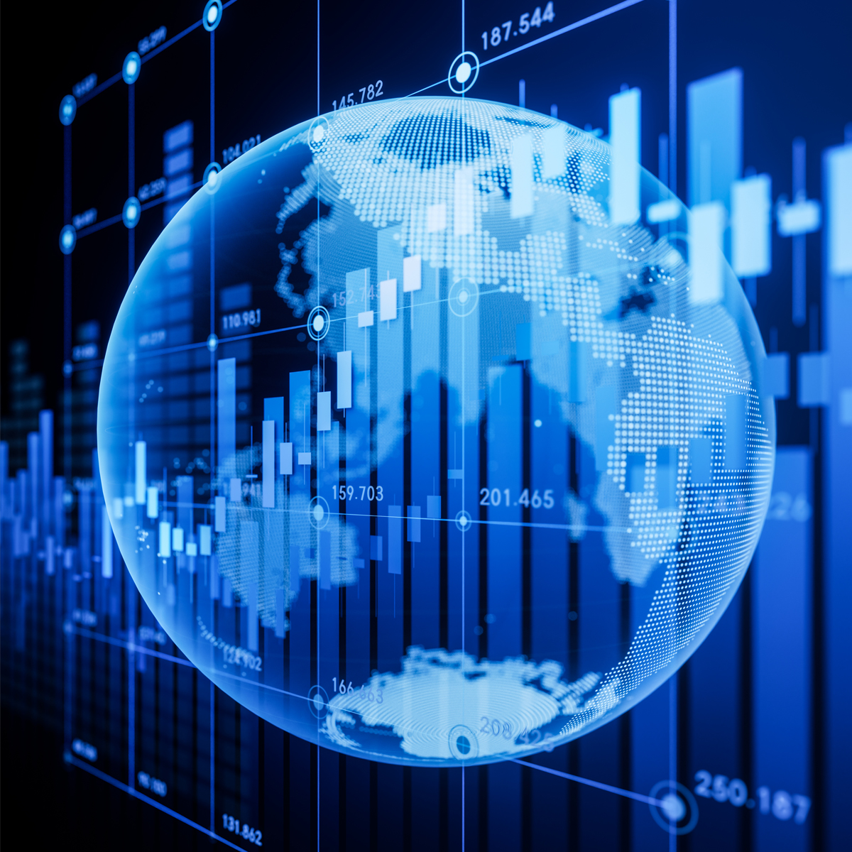 Abstract blue background featuring a digital globe and world map, symbolizing global business and technology connections.