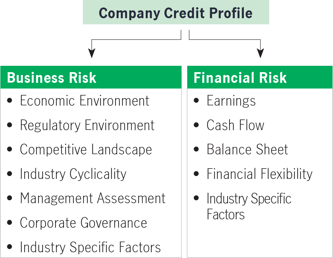 Step 2 looks at individual securities for the best opportunities.  They break down the company credit profile into business risks and financial risks.  Under business risks, they consider:  Economic environment Regulatory environment Competitive landscape Industry cyclicality Management assessment Corporate governance Industry specific factors.  While under Financial risks, they look at:  Earnings Cash flow Balance sheet Financial flexibility Industry specific factors