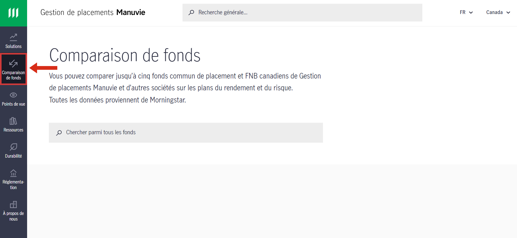 L’image montre comment lancer une recherche dans l’outil Comparaison de fonds.