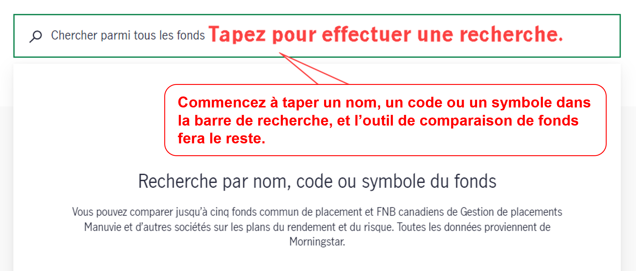 L’image montre comment rechercher des fonds distincts dans l’outil Comparaison de fonds.