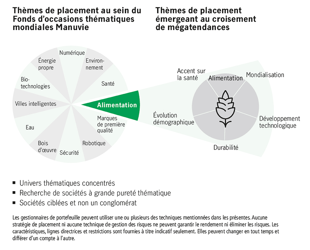 Ce graphique circulaire modifié, où l’une des pointes est isolée, montre comment les 12 thèmes actuels du Fonds d’occasions thématiques mondiales sont issus du croisement de plusieurs mégatendances. Par exemple, le thème sur la nutrition est une combinaison de mégatendances axées sur la santé, la mondialisation, le développement technologique, l’évolution démographique et la durabilité.