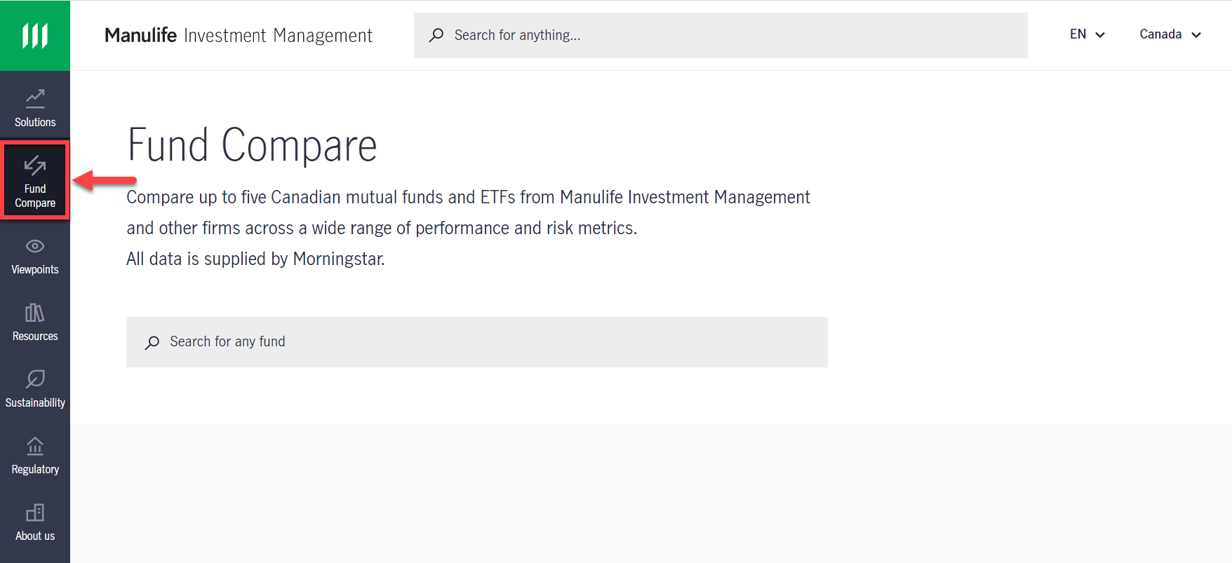 Image illustrates how to begin a search in Fund Compare.