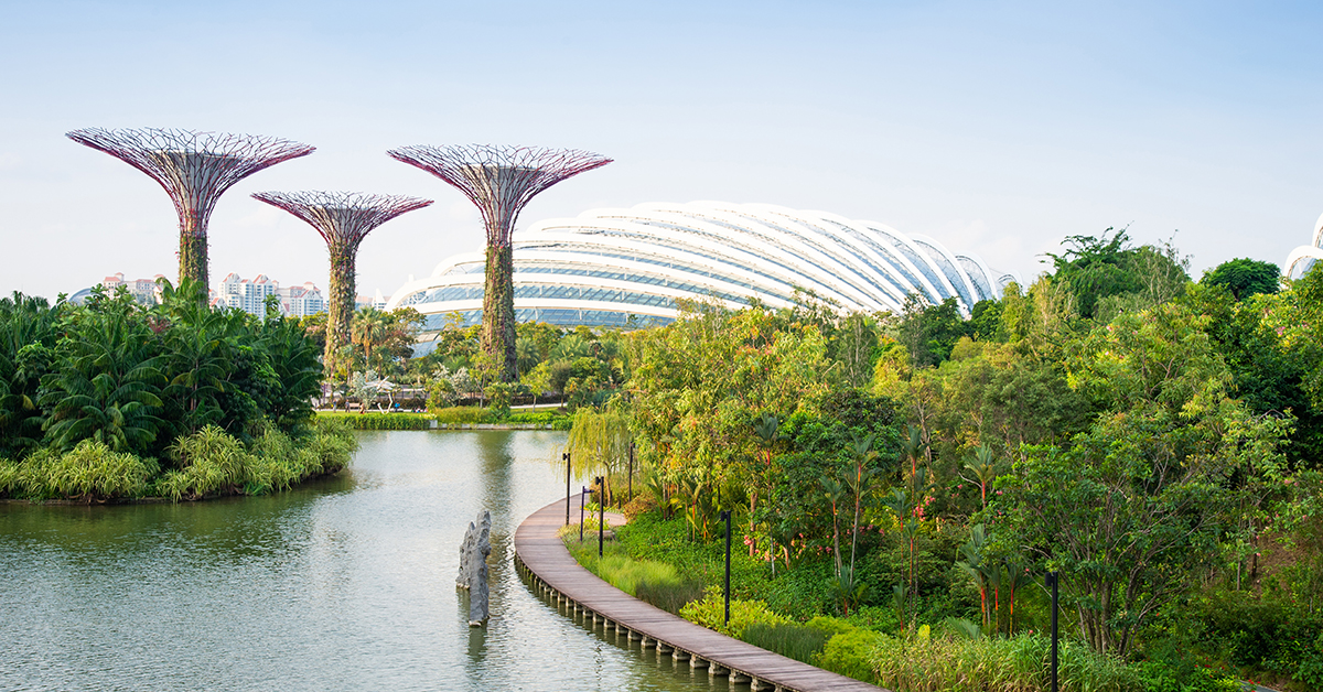 Enjoy a summer day in the park, where green nature intertwines with water, sky, and stunning architecture.