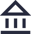 Vue architecturale d’une place avec banque à portique, tribunal et université de recherche, signes de scolarité et de banque