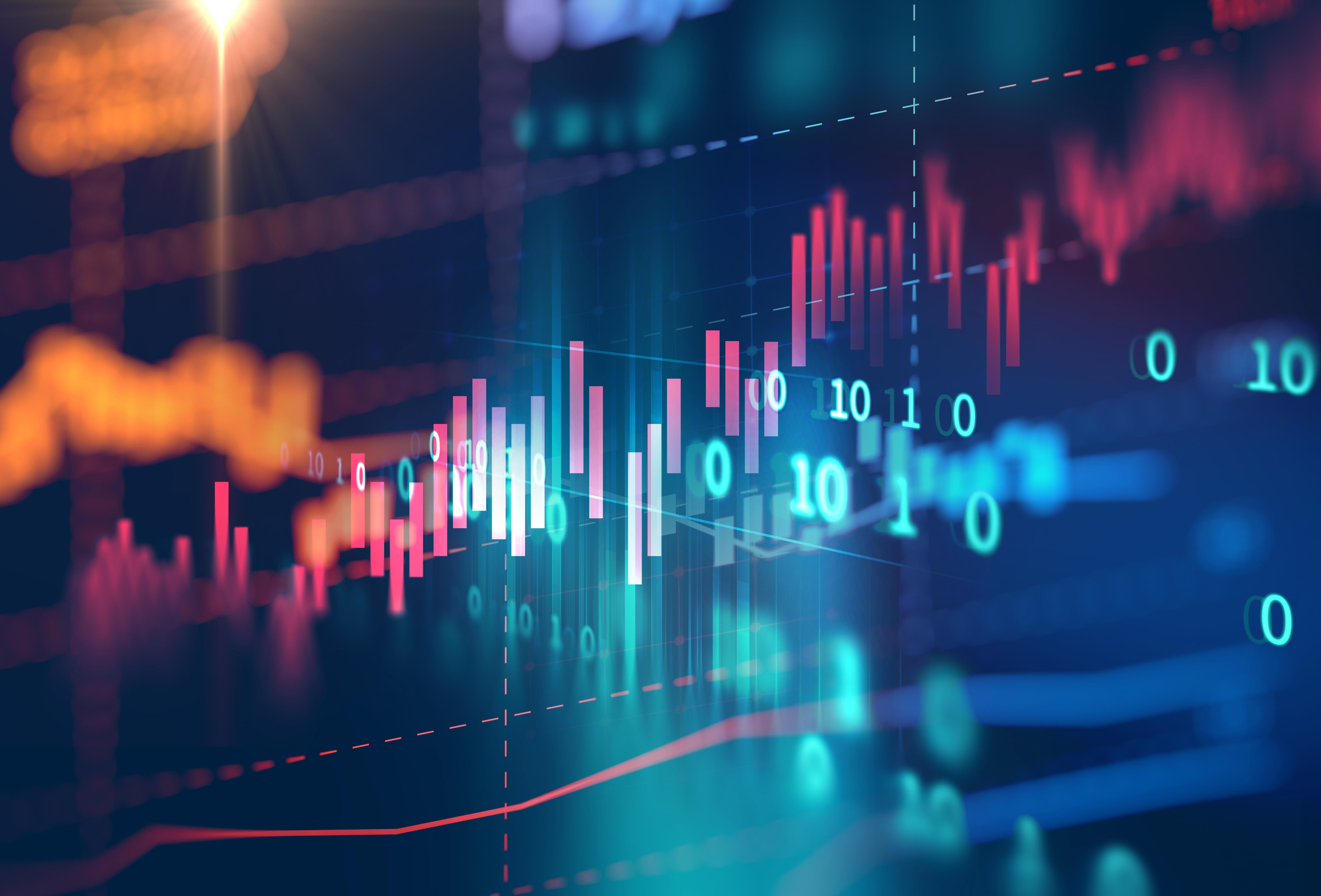 Landscape business graphic showing stock trade activity and commerce flows, using equalizer-style bar diagrams.