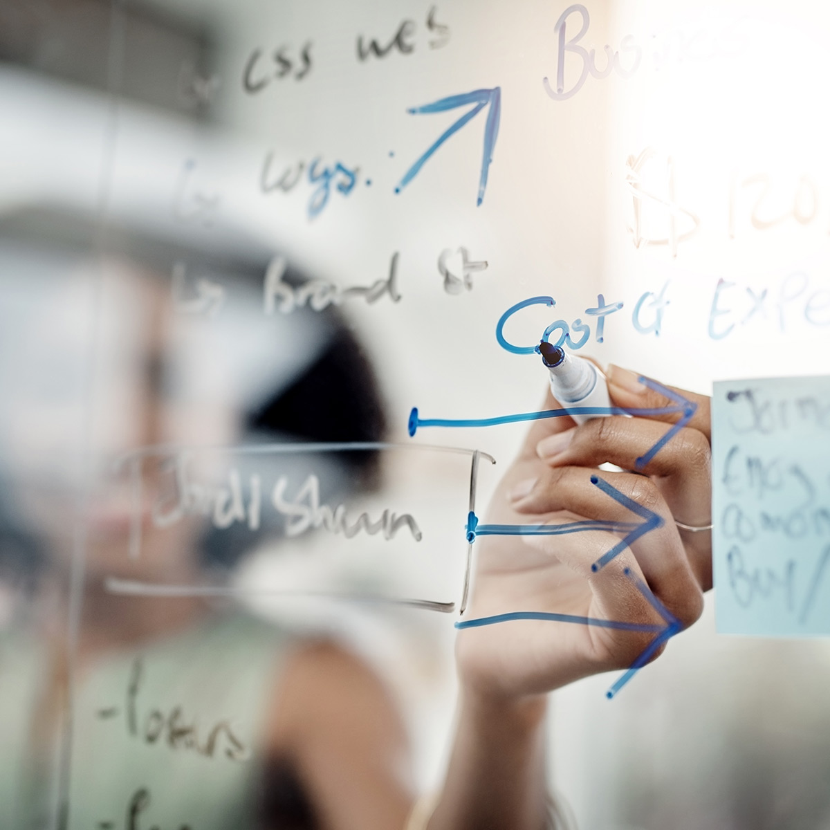 Corporate presentation: presenter outlines a diagram on a whiteboard with square, handwritten notes for collaboration.