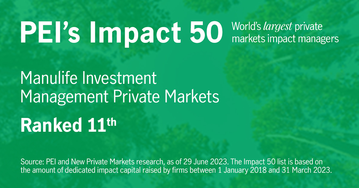 Among the world’s largest private market managers, Manulife Investment Management’s private markets capabilities is ranked 11th (out of 50) by PEI Impact 50. The Impact 50 list is based on the amount of dedicated impact capital raised by firms between 1 January 2018 and 31 March 2023.