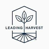 Leading Harvest logo with black letters and a black plant design 