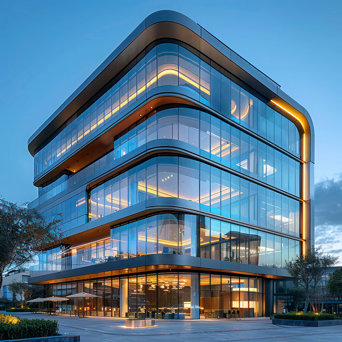 Rendu 3D d’une façade de siège d’entreprise avec penthouse, près d’une place et de pôles d’arts scéniques et de recherche.