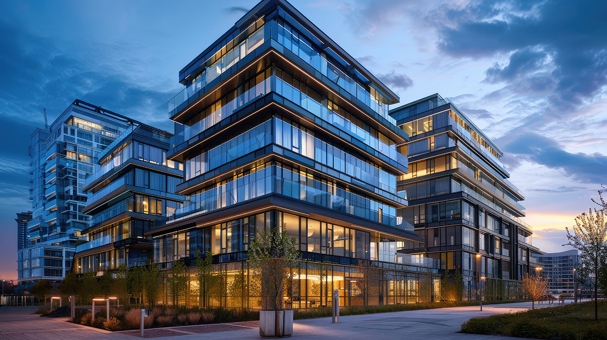 Rendu architectural de bureaux, d’un centre de recherche et de condominiums avec penthouse, au milieu d’espaces paysagers.