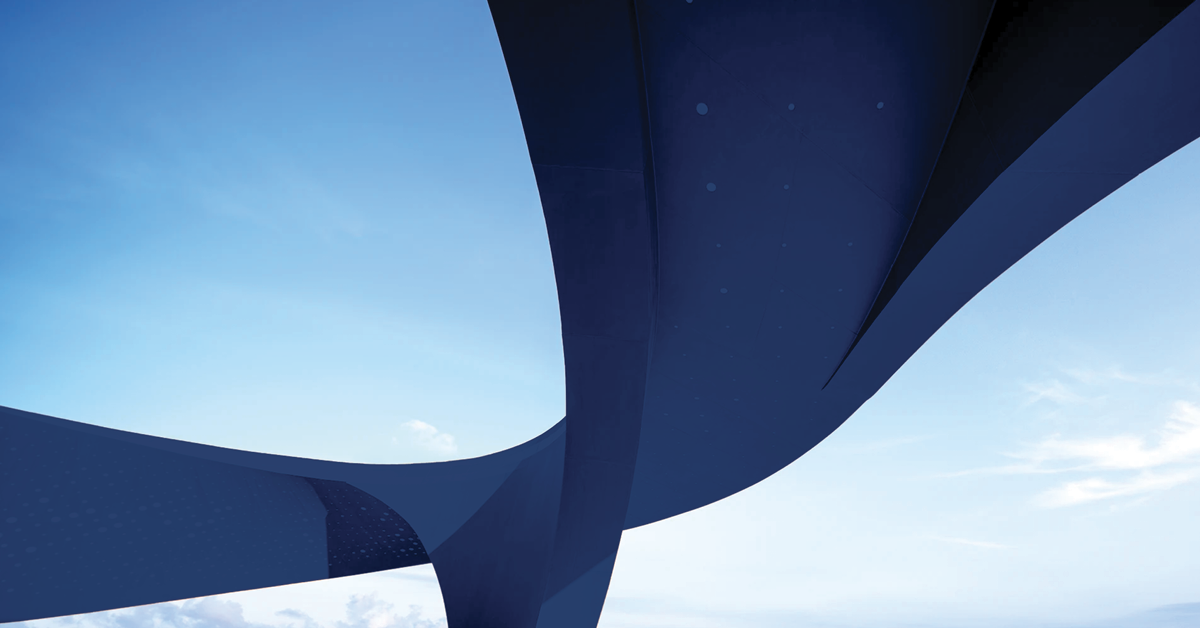 Abstract photo with graphic design cues shows a winding, fractal landscape; crescent canopy and awning edges meet at vertex.
