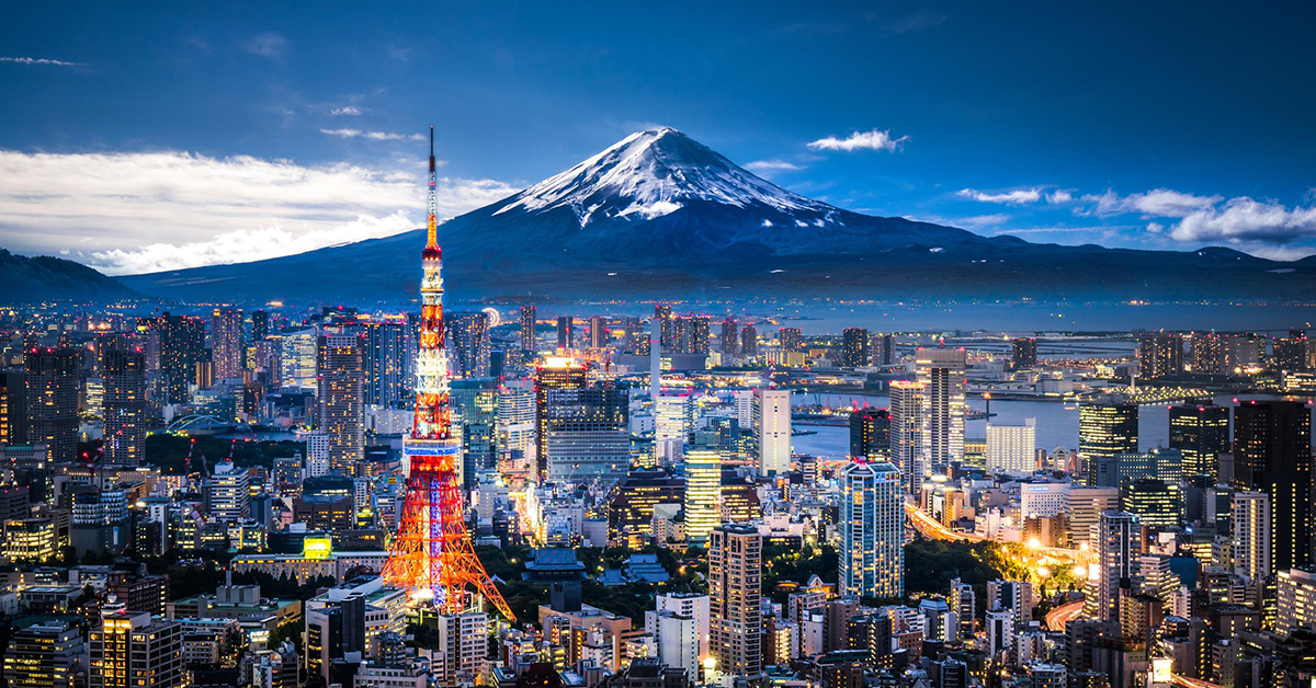 city in Japan with the mountain in the background