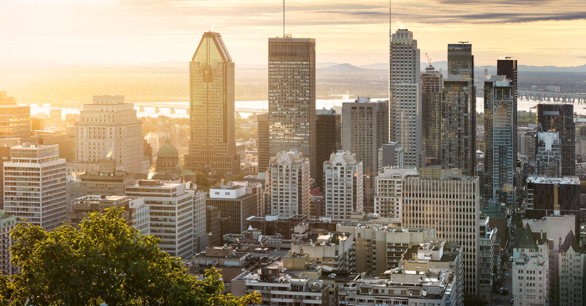 Landscape image of the Montreal skyline as the sun sets 