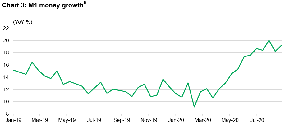 Chart of year over year percentage change in India’s money supply from January 2019 to July 2020. The chart shows that year over year percentage change money supply in India, represented by M1, has risen significantly after falling briefly below the 10% mark February and March 2020.