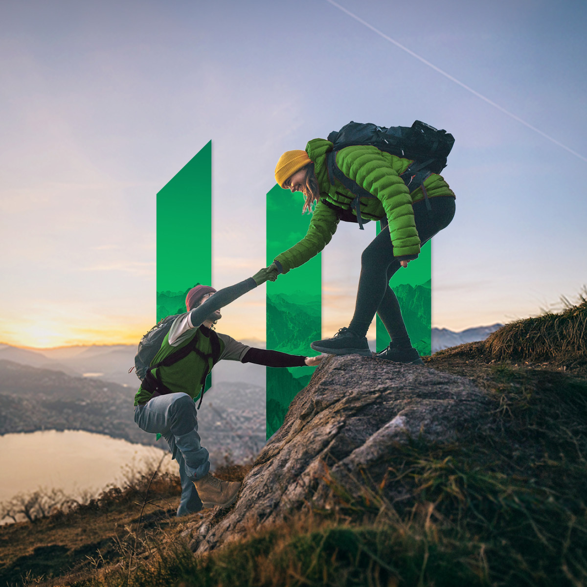 Square-format business photo of a social hiking group at a summit, symbolizing teamwork, collaboration, and mountaineering.