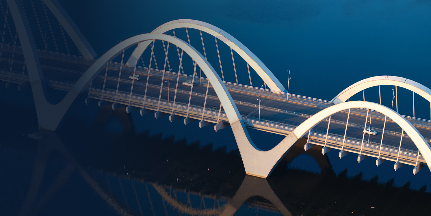 Architectural line rendering of an arch bridge with drawbridge mechanism and fin details, within an infrastructure landscape.