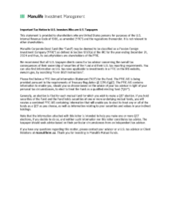 Manulife Corporate Bond Fund PFIC Annual Information Statements